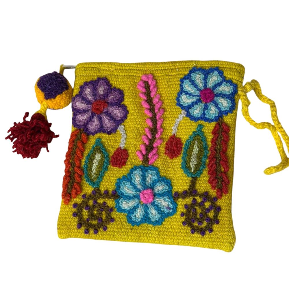 Embroidered Woven Tapestry Wristlet Pouch Tassel Pom Pom Floral Gold
